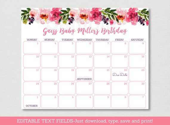 Pink Floral Baby Due Date Calendar / Floral Baby Shower / Watercolor Floral / Birthday Predictions / INSTANT DOWNLOAD Editable PDF A442 Il_570xn