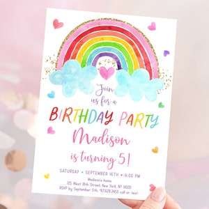 Editable Rainbow Birthday Invitation Girls Rainbow Party Rainbow Birthday Invite Pink Gold Rainbow Clouds Hearts Digital Download A661