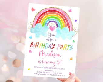 Editable Rainbow Birthday Invitation Girls Rainbow Party Rainbow Birthday Invite Pink Gold Rainbow Clouds Hearts Digital Download A661