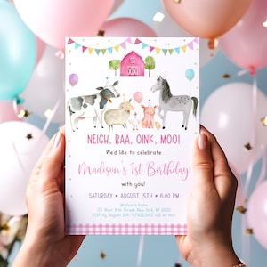 Editable Farm Birthday Invitation Farm Animals Invite Pink Girl Farm Party Barnyard Birthday Printable Digital Download A629