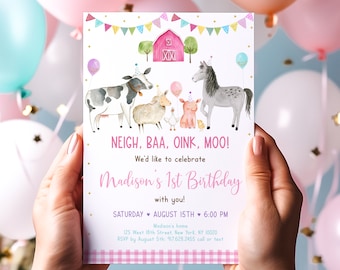 Editable Pink Farm Birthday Invitation, Digital Download A629