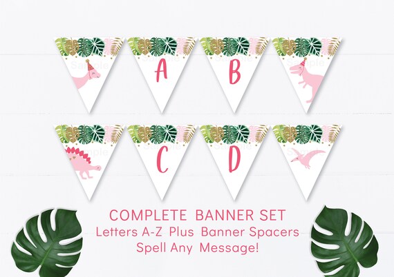Pink Dinosaur Birthday Banner Pink & Gold Dinosaur Girl Dinosaur Tropical Dinosaur Safari Letters A-Z Printable Instant Download A507 Il_570xn