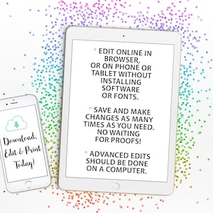 May include: A white tablet and a white smartphone with a cloud icon and the text "Download, Edit & Print Today!" on the screen. The tablet screen displays text about editing online in a browser or on a phone or tablet without installing software or fonts. The text also says "Save and make changes as many times as you need. No waiting for proofs!" and "Advanced edits should be done on a computer."