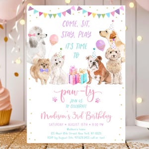 Editable Puppy Birthday Invitation Let&#39;s Paw-ty Girl Puppy Birthday Invite Puppy Dog Birthday Pink Gold Balloons Digital Download A621
