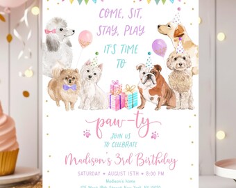 Editable Puppy Birthday Invitation Let's Paw-ty Girl Puppy Birthday Invite Puppy Dog Birthday Pink Gold Balloons Digital Download A621
