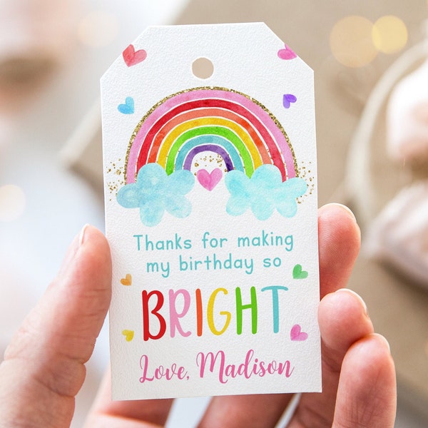 Editable Rainbow Thank You Tags Favor Tags Girls Rainbow Party Pink Gold Rainbow Clouds Hearts Watercolor Rainbow Digital Download A661