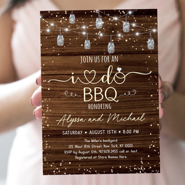 Editable I Do BBQ Invitation Couples Shower Engagement Party Invite Rustic Mason Jar String Lights Coed Shower Digital Download A620