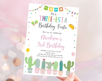 Redigerbar Three-Esta Fiesta födelsedagsinbjudan, tredje födelsedag, 3:e kaktusflicka, Fiestafest, kaktus, suckulent mexikansk, digital nedladdning A552