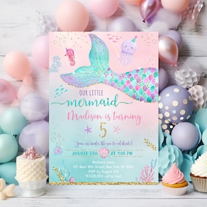 Invitation d'anniversaire de sirène modifiable Invitation d'anniversaire de sirène, filles sous la mer, fête rose violet or imprimable en téléchargement numérique A615