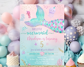 Editable Mermaid Birthday Invitation Mermaid Birthday Invite Girls Under The Sea Party Pink Purple Gold Printable Digital Download A615