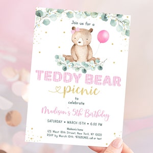 Editable Teddy Bear Picnic Birthday Invitation Pink Gold Girl Teddy Bear Party Outdoor Birthday Teddy Bear Balloons Digital Download A603