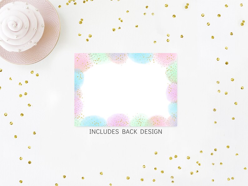 May include: A blank card with a pastel colored confetti border. The card is surrounded by gold confetti on a white background. The text "INCLUDES BACK DESIGN" is printed at the bottom of the card.