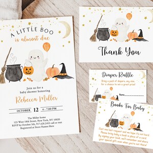 May include: A baby shower invitation with a cute ghost, cauldron, and pumpkin. The invitation says "A Little Boo is almost due" and includes the name Rebecca Miller, the date October 12, and the time 4-7:00 PM. There are also thank you cards, a diaper raffle card, and a books for baby card.