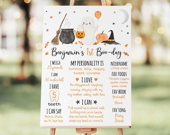 May include: A white sign with a Halloween theme, featuring a ghost, a cauldron, and a pumpkin. The sign is decorated with stars and candy corn. The text on the sign reads "Benjamin's 1st Boo-day" and includes details about the child, such as their weight, height, and favorite things.