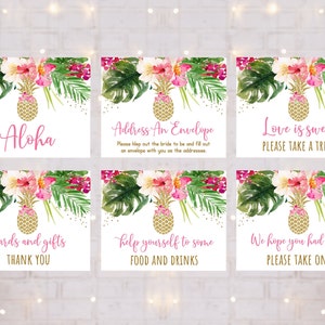 Pineapple Bridal Shower Signs Pink Tropical Floral Gold Pineapple 6 PRINTABLE Table Signs Digital Instant Download B139