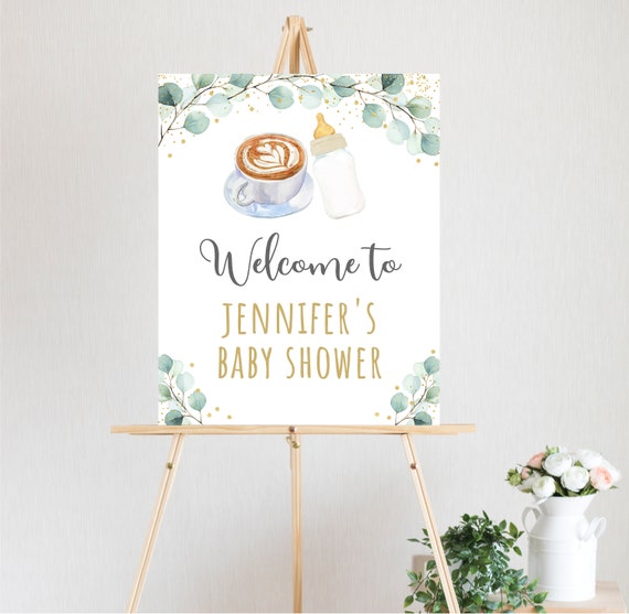 Editable Baby Is Brewing Welcome Sign Coffee Baby Shower Greenery Gold Gender Neutral Coed Baby Shower Digital Download A601 Il_570xn