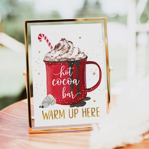 Hot Cocoa Bar Sign Hot Chocolate Bar Table Sign Red Gold Snowflake Winter Baby Shower Winter Birthday Printable Instant Download A593