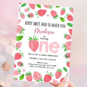 May include: A pink and white birthday invitation with a watercolor strawberry design. The invitation says "Berry Sweet and So Much Fun" and "Madison is turning one".