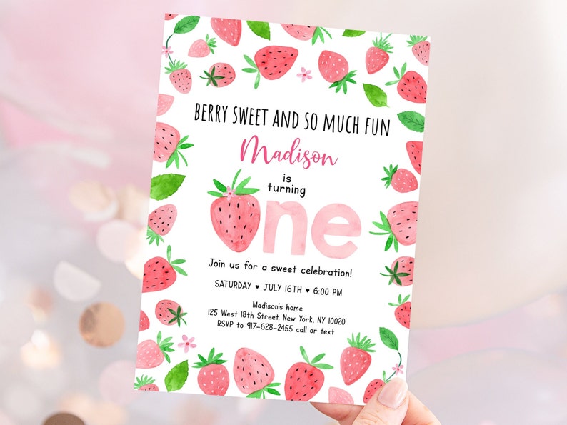 May include: A pink and white birthday invitation with a watercolor strawberry design. The invitation says "Berry Sweet and So Much Fun" and "Madison is turning one".