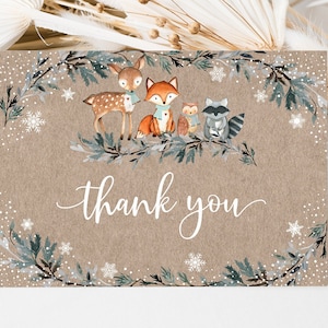 Carte de remerciement Winter Woodland Winter Woodland Baby Shower Verdure Woodland Snowy Forest Animaux Sexe Neutre Téléchargement instantané A578