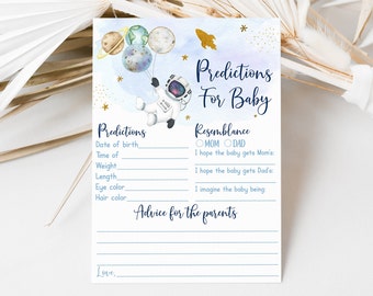 Predicciones espaciales para juegos de bebés Tarjetas de consejos espaciales Astronauta Espacio Baby Shower Niño Azul Oro Galaxia Planetas Luna Descarga digital A606