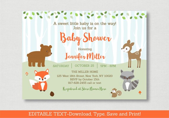 Woodland Baby Shower Invitation / Woodland Animal Baby Shower / Baby Woodland Animals / Forest Animals / EDITABLE PDF A469 Il_570xn