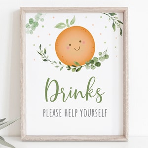 Little Cutie Drinks Sign Little Cutie Baby Shower Orange Clementine Greenery Gender Neutral Coed Baby Shower Printable Digital A535