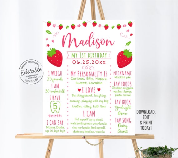 EDITABLE Strawberry Birthday Milestone Sign Strawberry Party Berry Sweet Strawberry First Birthday Pink Printable Instant Download A542 Il_570xn