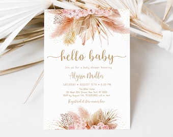 Bearbeitbares Pampasgras-Babyparty-Einladung Boho-Babyparty-einladen Tropische Wüste Blumen-Rosa-Blumen Boho Digital Download A625