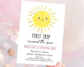 Editable First Trip Around The Sun Birthday Invitation Sunshine First Birthday Invite You Are My Sunshine Party Digital Download A681