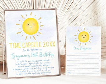 Editable Sunshine First Birthday Time Capsule Boy Sunshine Birthday Sunshine Party Blue Gold Digital Download Corjl A600