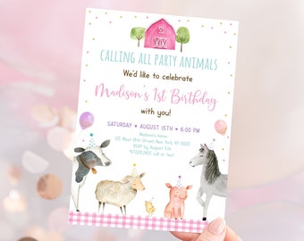 Editable Pink Farm Birthday Invitation Farm Animals Barnyard Girl Farm Party Animals with Balloons Pink Gold Digital Download A629