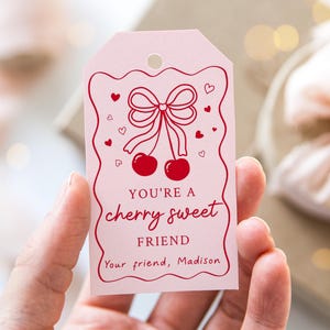 Editable Cherry Valentine&#39;s Day Gift Tag, Favor Tag, Pink Red Bow Cherry Sweet, Classroom School Friend Valentine Tag Digital Download