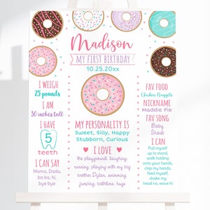 Puede incluir: Un cartel de primer cumpleaños con temática de rosquillas rosa y azul con el nombre Madison y la fecha 10.25.20xx. El cartel incluye detalles sobre el peso, la altura, la cantidad de dientes, los alimentos favoritos, el apodo, la canción favorita y las cosas que puede hacer.