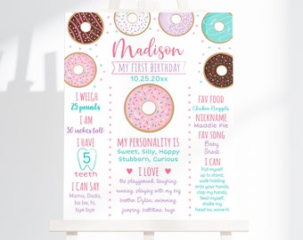 Bearbeitbares Donut-Geburtstags-Meilensteinplakat, Donut-erster Geburtstag, rosa Donut, Donut-Grow Up, Donut-Party, bedruckbar, sofortiger Download A500