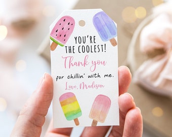 Editable Popsicle Birthday Thank You Tags Favor Tags You're The Coolest Popsicle Party Watercolor Popsicle Ice Cream Party Download A674