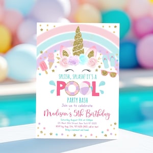 Editable Unicorn Pool Party Birthday Invitation Girls Unicorn Pool Party Birthday Invite Rainbow Ice Cream Pink Gold Digital Download A556