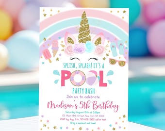 Invitation d'anniversaire modifiable de licorne au bord de la piscine pour filles, invitation d'anniversaire de licorne au bord de la piscine, crème glacée arc-en-ciel, or rose, téléchargement numérique A556