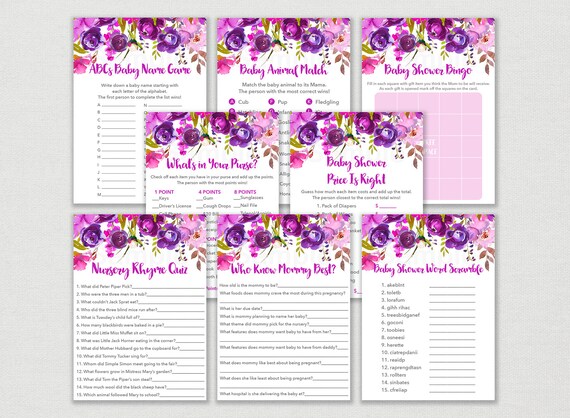 Purple Floral Baby Shower Games Package / Floral Baby Shower / Watercolor Floral / 8 Printable Games / INSTANT DOWNLOAD A167 Il_570xn