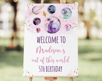 Editable Space Birthday Welcome Sign Pink Gold Galaxy Planets Girls Outer Space Party Moon Solar System Printable Instant Download A586