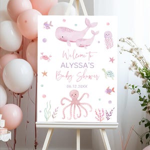 Editable Under the Sea Baby Shower Welcome Sign, Pink Sea Animals, Baby Girl Shower, Watercolor Whale Turtle Ocean, Digital Download A725