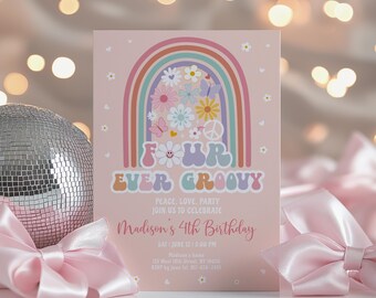 Bewerkbare Four Ever Groovy verjaardagsuitnodiging, Rainbow Flower Daisy Retro Boho Hippie 4e verjaardagsfeestje, digitale download A744