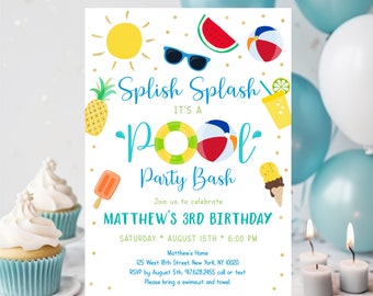 May include: A colourful invitation for a pool party celebrating a child's 3rd birthday. The invitation features a blue and yellow inflatable ring, a red and white beach ball, a yellow pineapple, a watermelon, a popsicle, a yellow and green ice cream cone, a pair of sunglasses, and a yellow cup with a lime. The text on the invitation reads "Splish Splash It's a Pool Party Bash" and "Matthew's 3rd Birthday".
