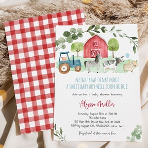 Invitación editable para baby shower de granja, con temática de animales de granja, digital, imprimible, descarga instantánea, plantilla A511