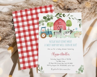Invitación editable para baby shower de granja, con temática de animales de granja, digital, imprimible, descarga instantánea, plantilla A511
