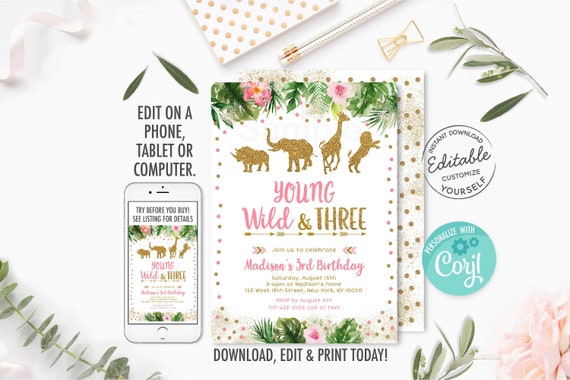 EDITABLE Young Wild And Three Birthday Invitation, Pink & Gold Safari, Girl Safari, Safari Animals, Jungle Animals, Printable, Digital A478 Il_570xn
