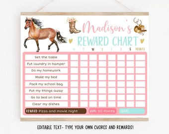 Editable Horse Reward Chart, Horse Behavior Chart, Cowgirl, Pony, Pink Floral, Daily Chore Chart, Printable, Digital Template A645