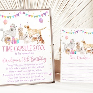 Editable Puppy Birthday Time Capsule Sign First Birthday Let&#39;s Paw-ty Girl Puppy Birthday Puppy Dog Birthday Pink Gold Digital Download A621