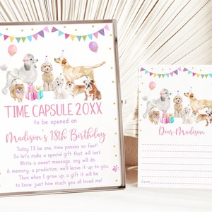 Editable Puppy Birthday Time Capsule Sign First Birthday Let's Paw-ty Girl Puppy Birthday Puppy Dog Birthday Pink Gold Digital Download A621