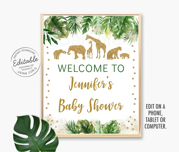 EDITABLE Gold Safari Baby Shower Welcome Sign, Safari Animals, Jungle Baby Shower, Gold Glitter, Printable, Digital, Instant Download A475 Il_570xn
